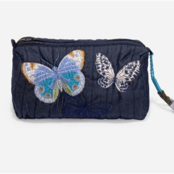 New Johnny Was Paradisio Quilted Denim Makeup Bag with Butterflies & Tassles - Picture 4 of 13